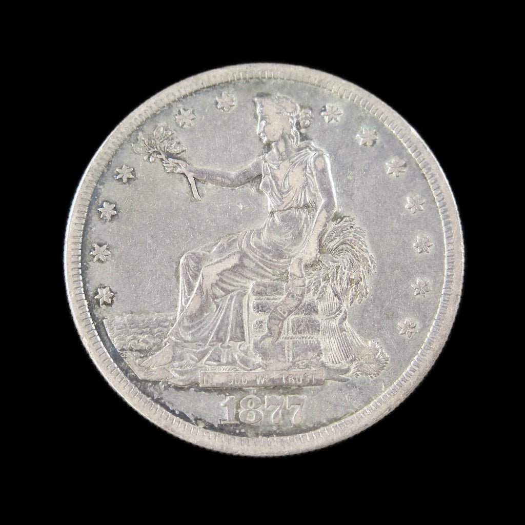 1877-S Trade Dollar US coin by Black Market LLC, raw VF details, early U.S. silver dollar with cleaned surface and historic design.