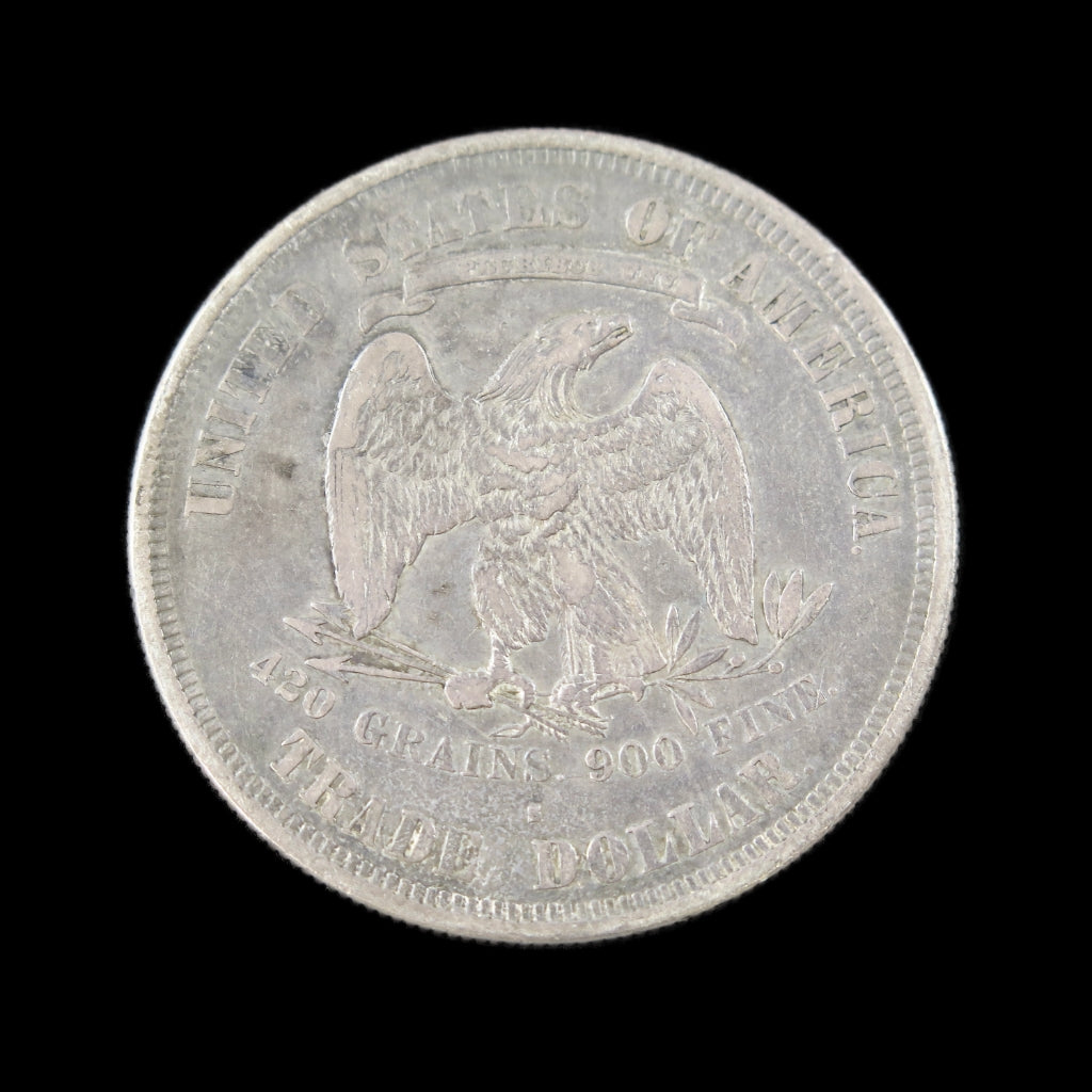 1877-S Trade Dollar US coin with VF details, raw condition, cleaned, early U.S. silver dollar from Black Market LLC.