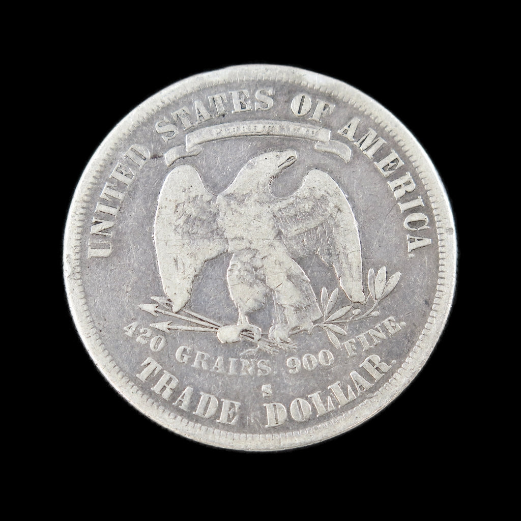 1878-S Trade Dollar US silver coin, raw fine condition, early U.S. dollar featuring intricate coin details and classic design.