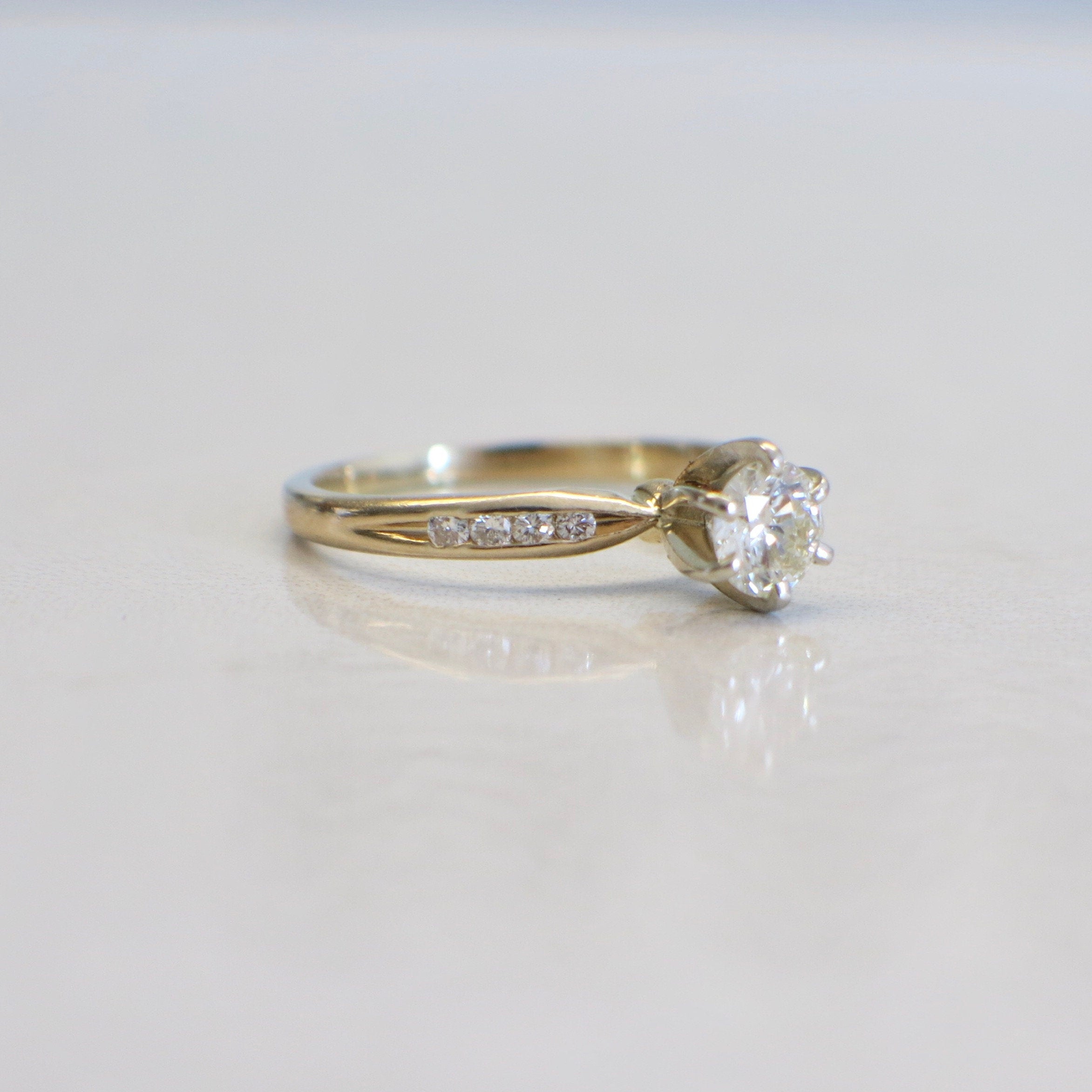 14K Yellow Gold Diamond Engagement Ring – Six-Prong Solitaire with Channel Set Accents, Size 6 - Black Market LLC