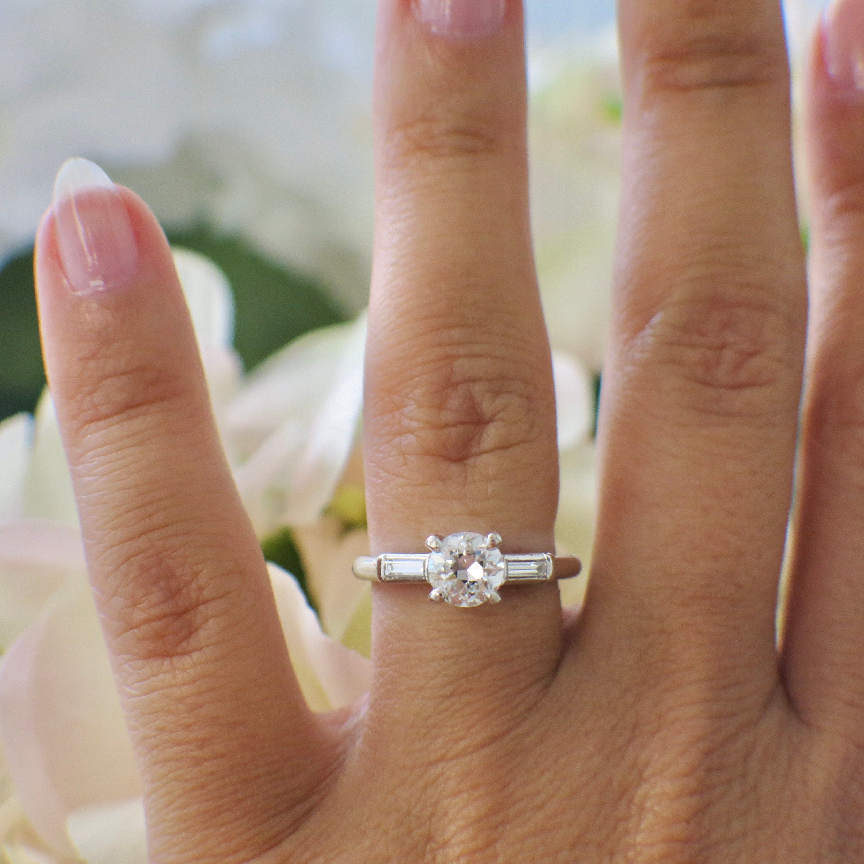 Platinum Three Stone Diamond Engagement Ring | Vintage Round & Baguette 1.06 CTW Size 6 - Black Market LLC