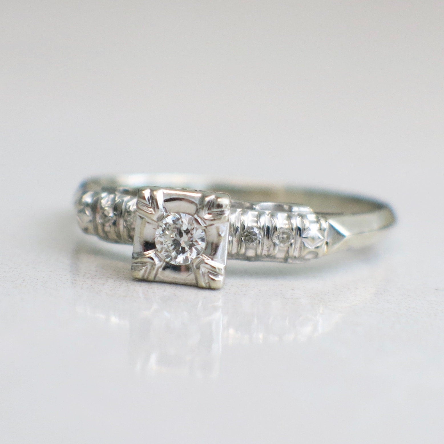 Vintage 14K White Gold Diamond Engagement Ring | Square Head Setting Size 8.5 - Black Market LLC