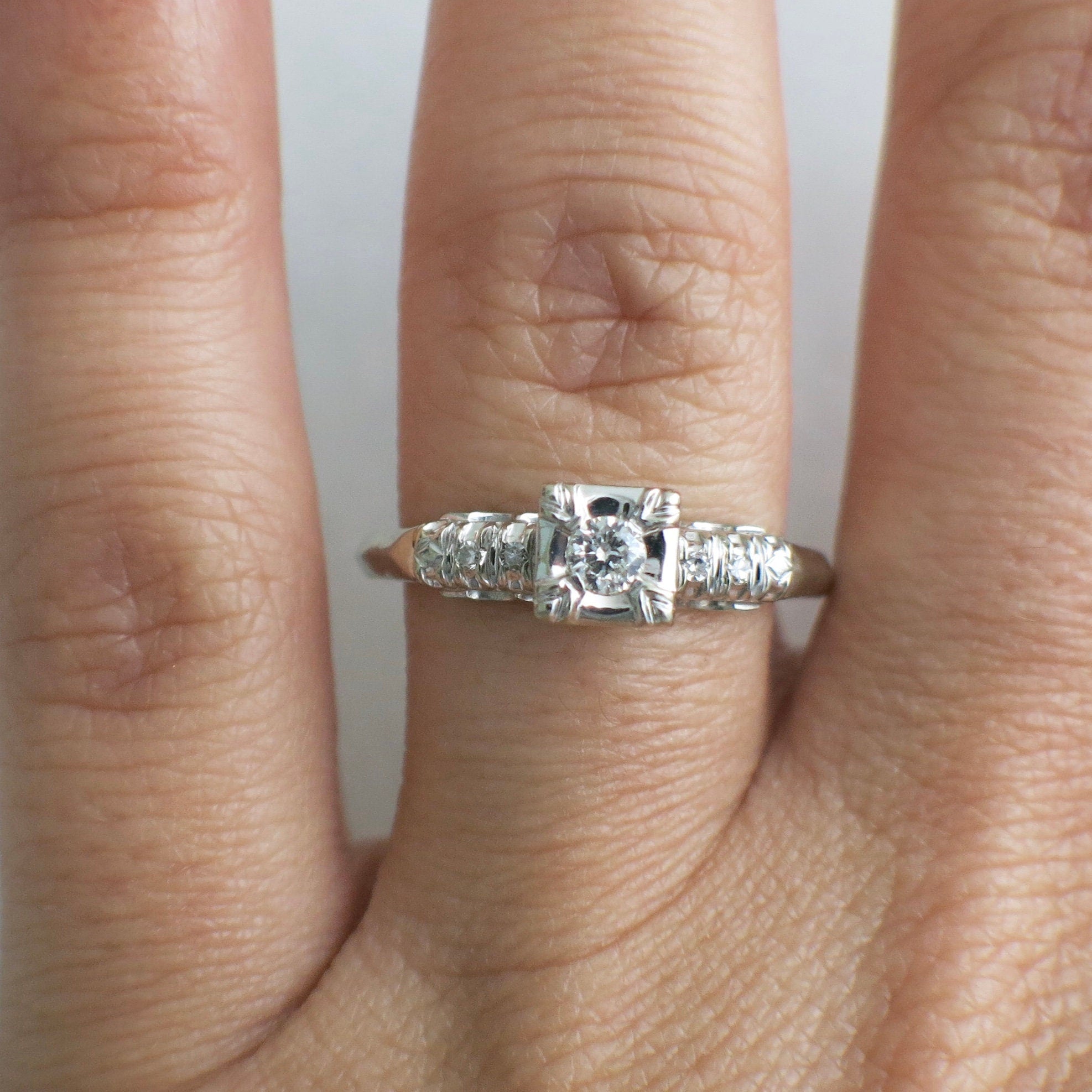 Vintage 14K White Gold Diamond Engagement Ring | Square Head Setting Size 8.5 - Black Market LLC