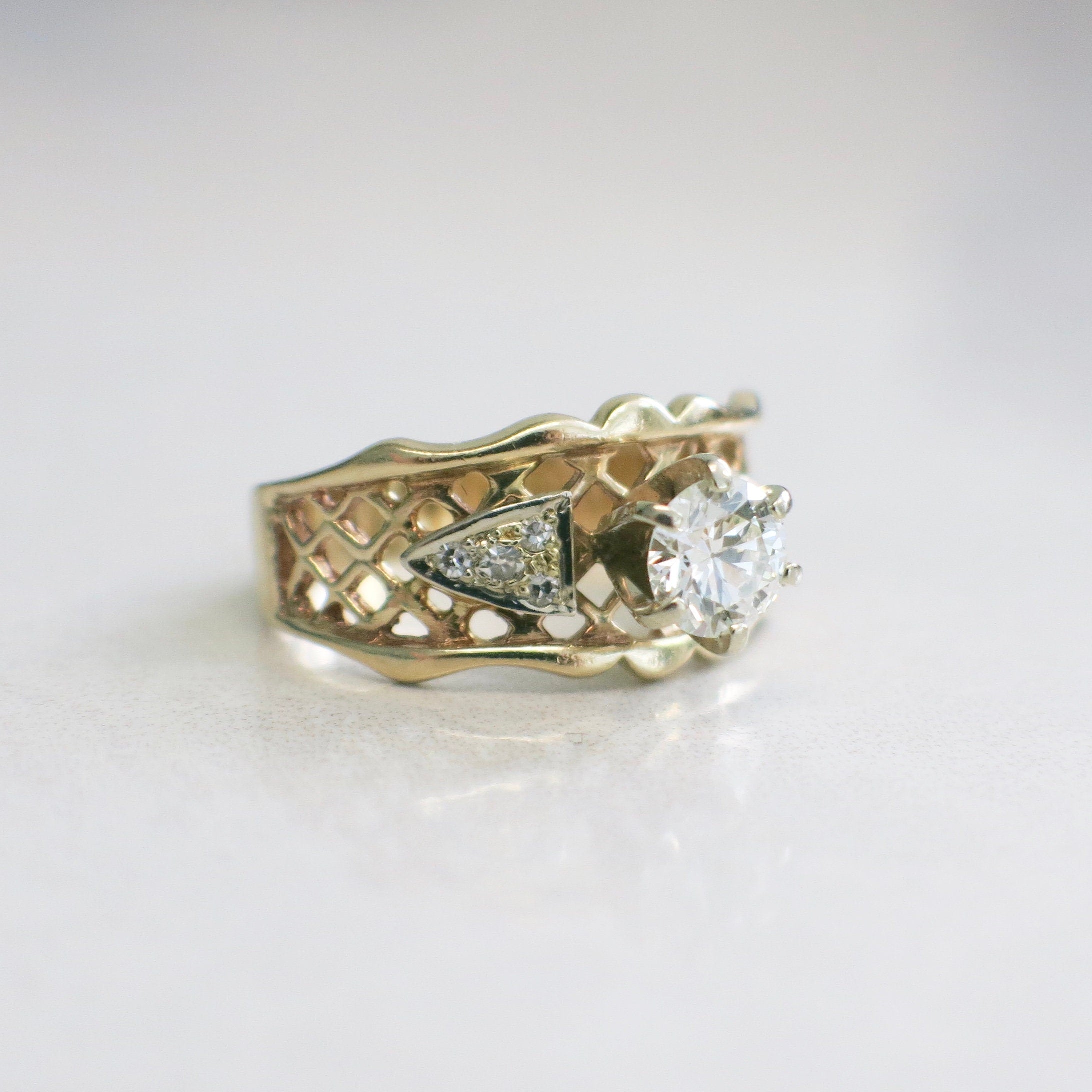 Vintage 14K Yellow Gold Diamond Engagement Ring – Lattice Wide Band, .70 CTW, Size 6.5 - Black Market LLC