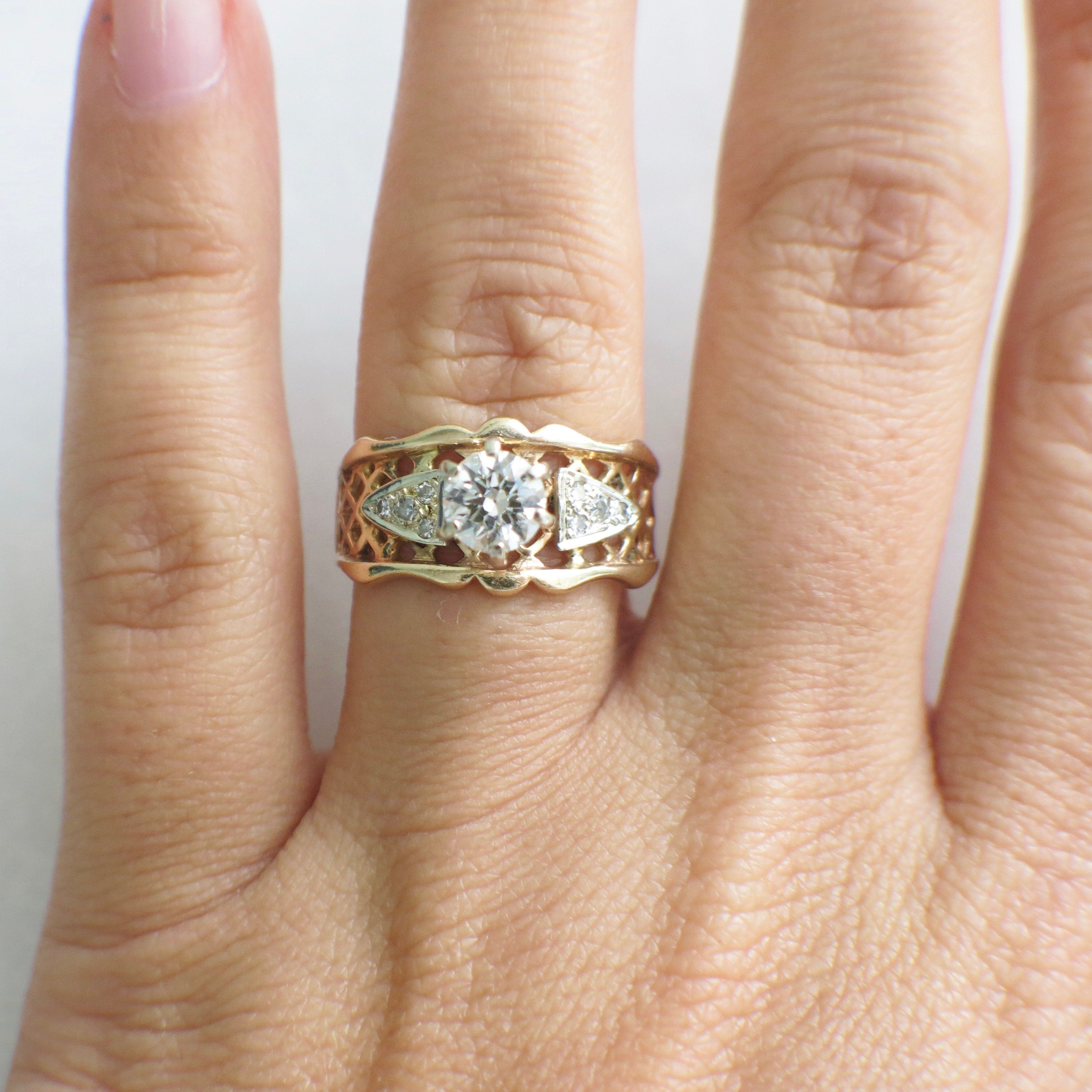 Vintage 14K Yellow Gold Diamond Engagement Ring – Lattice Wide Band, .70 CTW, Size 6.5 - Black Market LLC