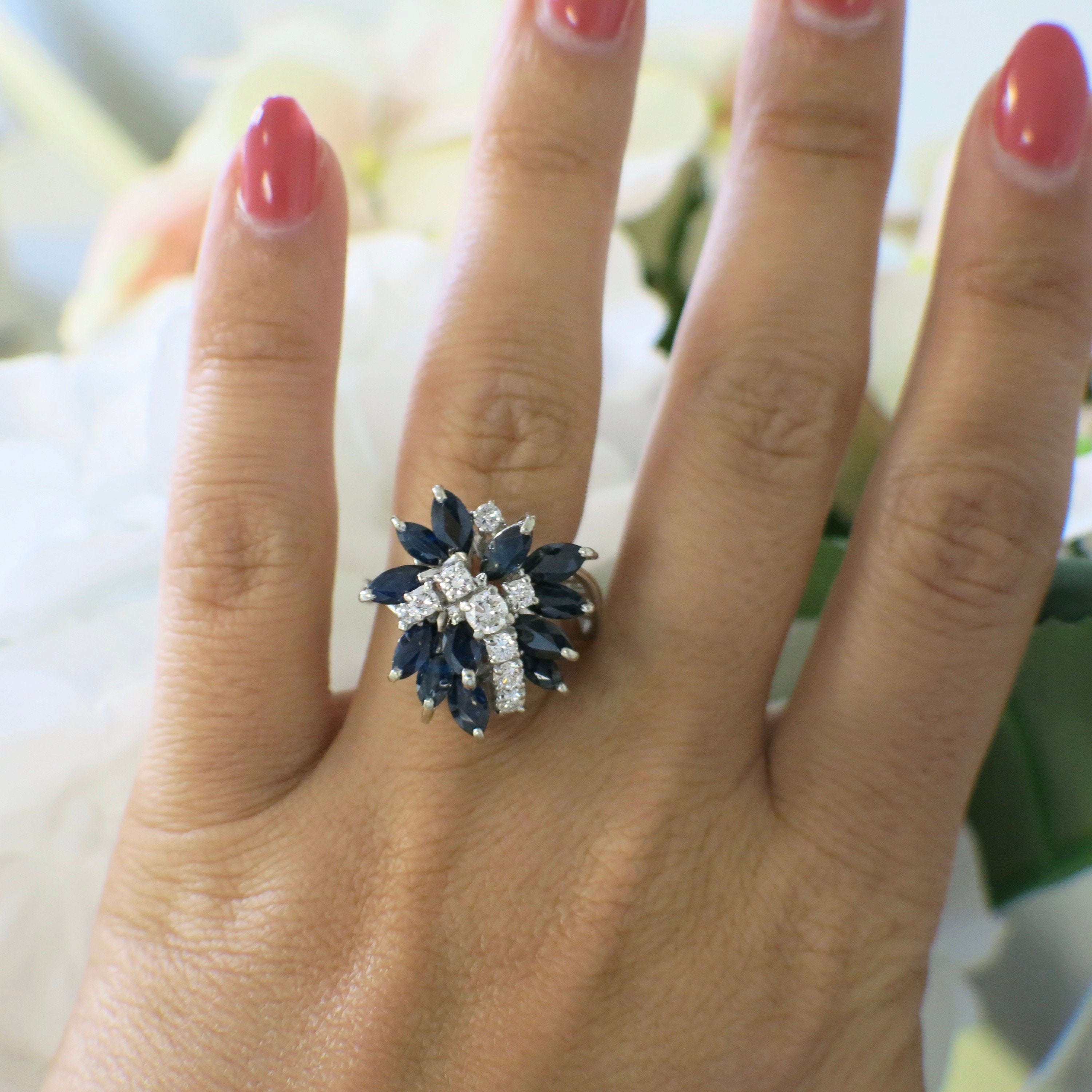 18K White Gold Marquise Sapphire & Diamond Cluster Ring – Vintage Statement, Size 7 - Black Market LLC