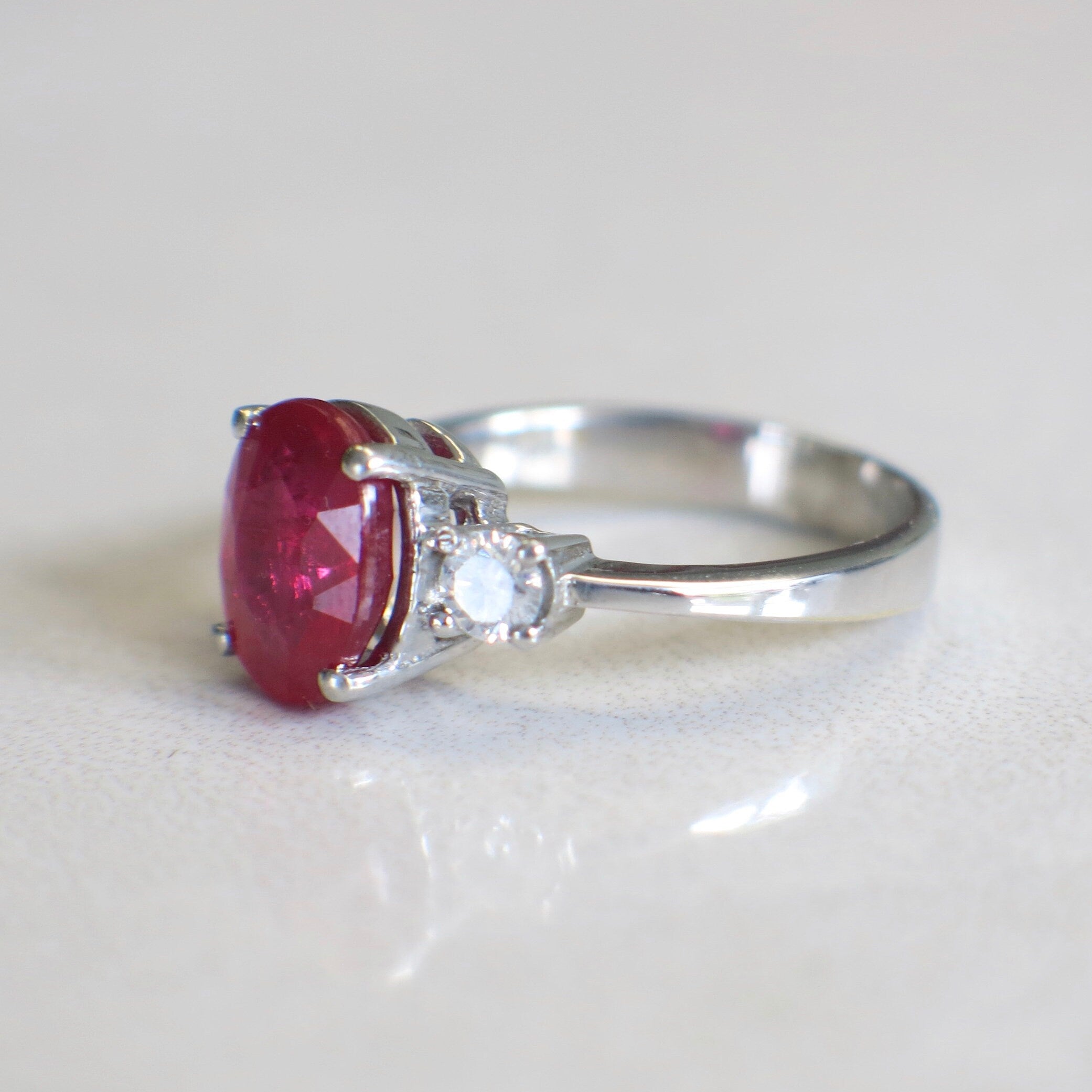 Vintage Ruby and DiamVintage Oval Ruby and Diamond Ring | 14K White Gold Three Stone Engagement 1.9ct Size 5.25ond Ring | 14K White Gold Three Stone 1.9ct - Black Market LLC