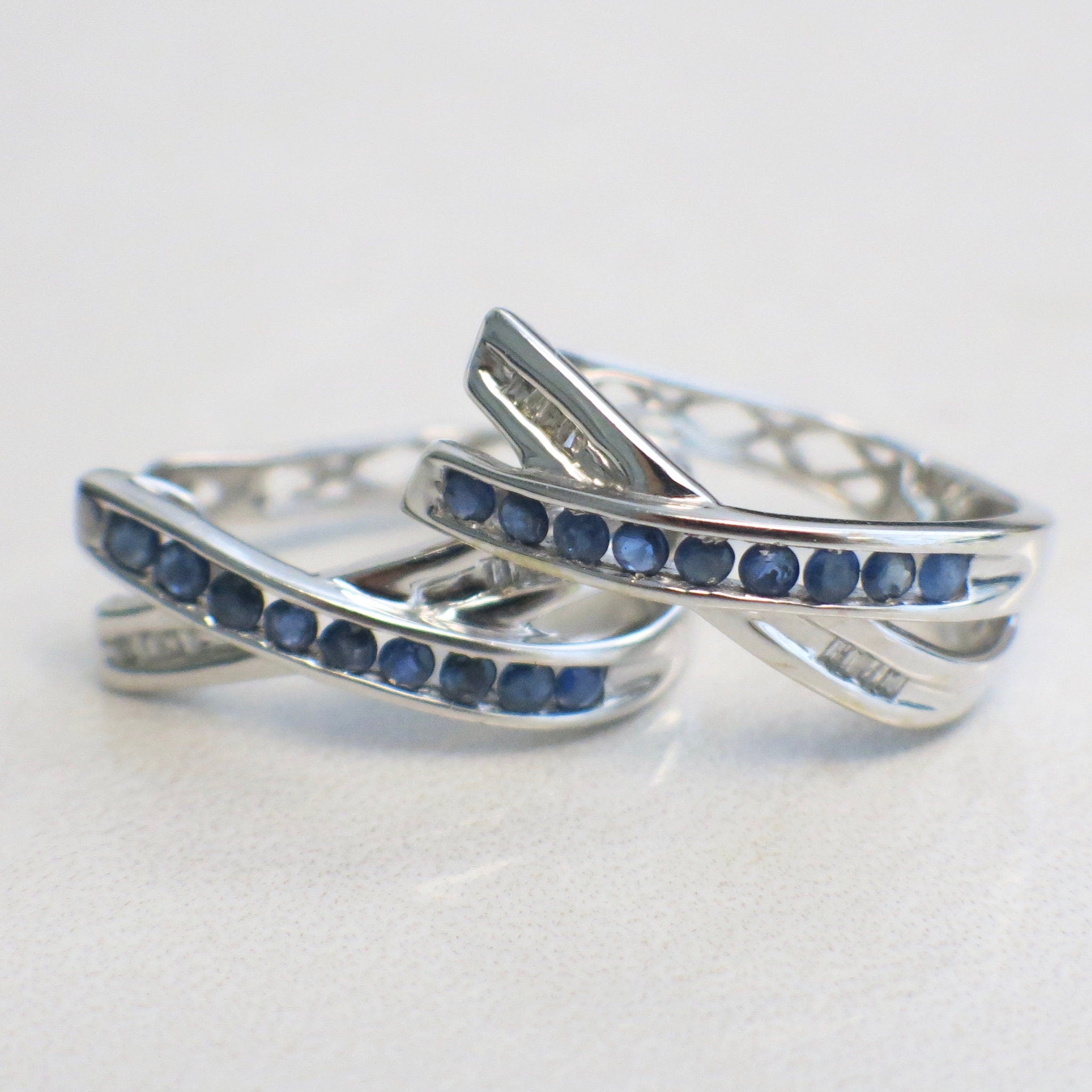 14K White Gold Sapphire & Diamond Hoop Earrings | X Design with Princess Cut Sapphires & Baguette Diamonds - Black Market LLC