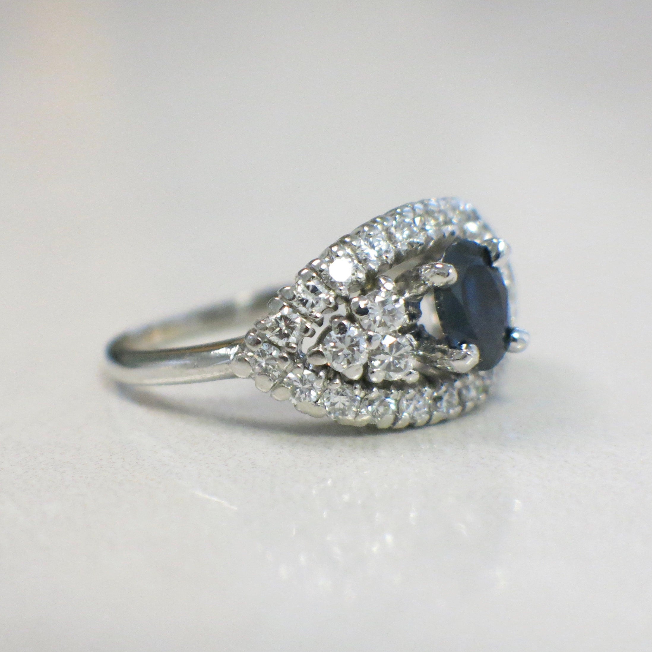 Platinum Oval Sapphire & Diamond Evil Eye Cluster Ring – Vintage, GIA Certified, Size 6.5 - Black Market LLC