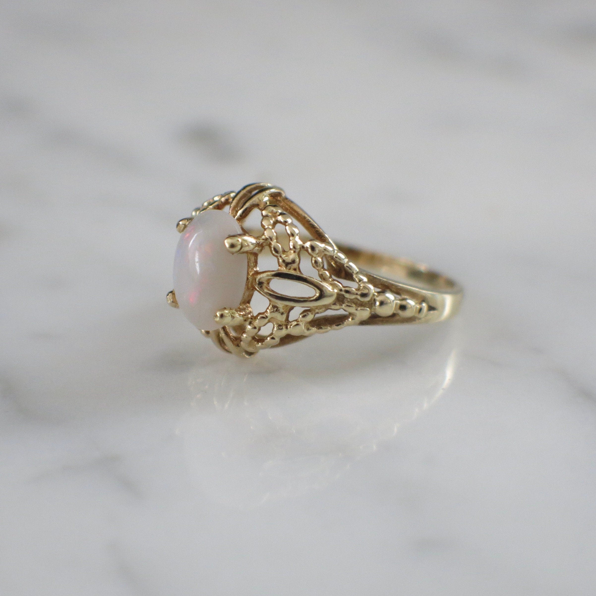 14K Yellow Gold Vintage Opal Ring | Oval Cabochon Fire Opal Filigree Setting Size 7 - Black Market LLC