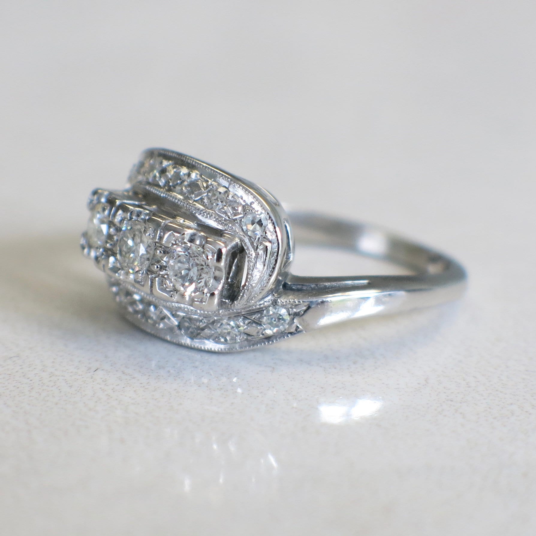Art Deco 14K White Gold Three Stone Diamond Ring | Vintage Milgrain Engagement or Cocktail Ring - Black Market LLC