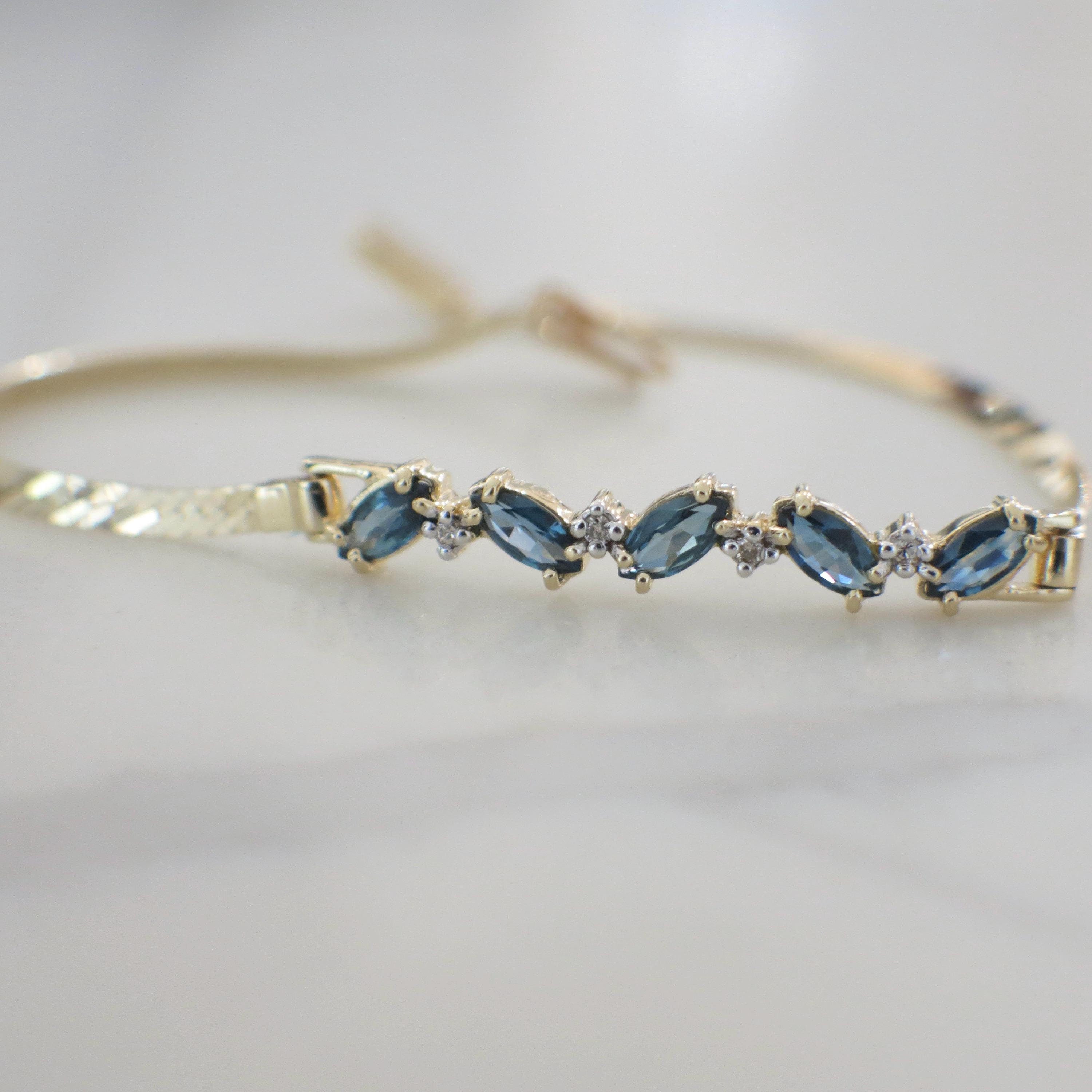 14K Yellow Gold Marquise Sapphire & Diamond Bracelet | Vintage Alternating Blue Gemstone Design 7 Inch - Black Market LLC