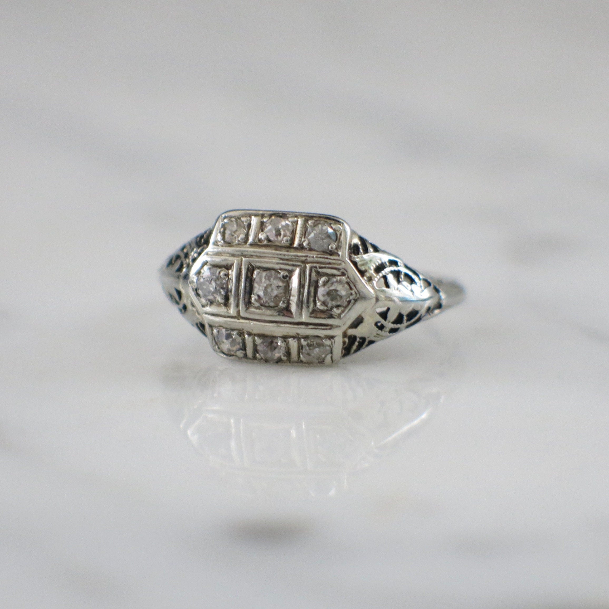 Art Deco Diamond Filigree Ring | 14K White Gold Vintage Engagement Ring .21 CTW Size 6.5 - Black Market LLC