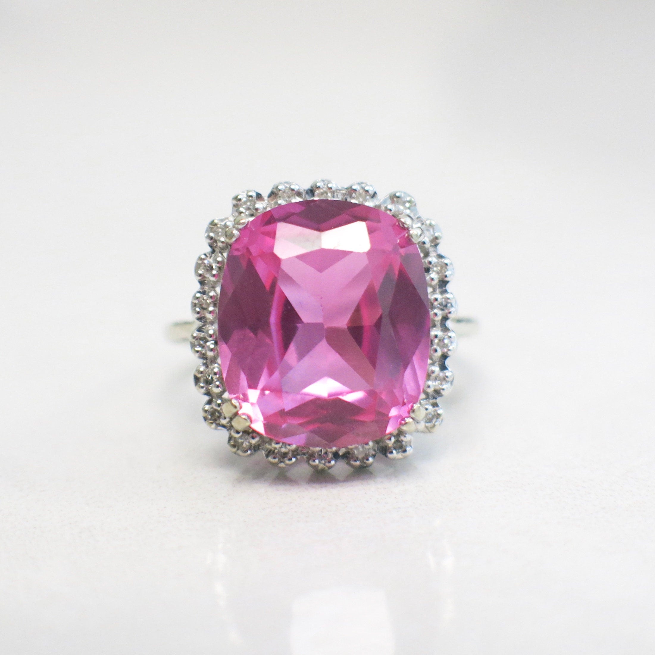 10K White Gold Pink Sapphire Halo Diamond Ring – Cushion Cut, Vintage Style, Size 7 - Black Market LLC
