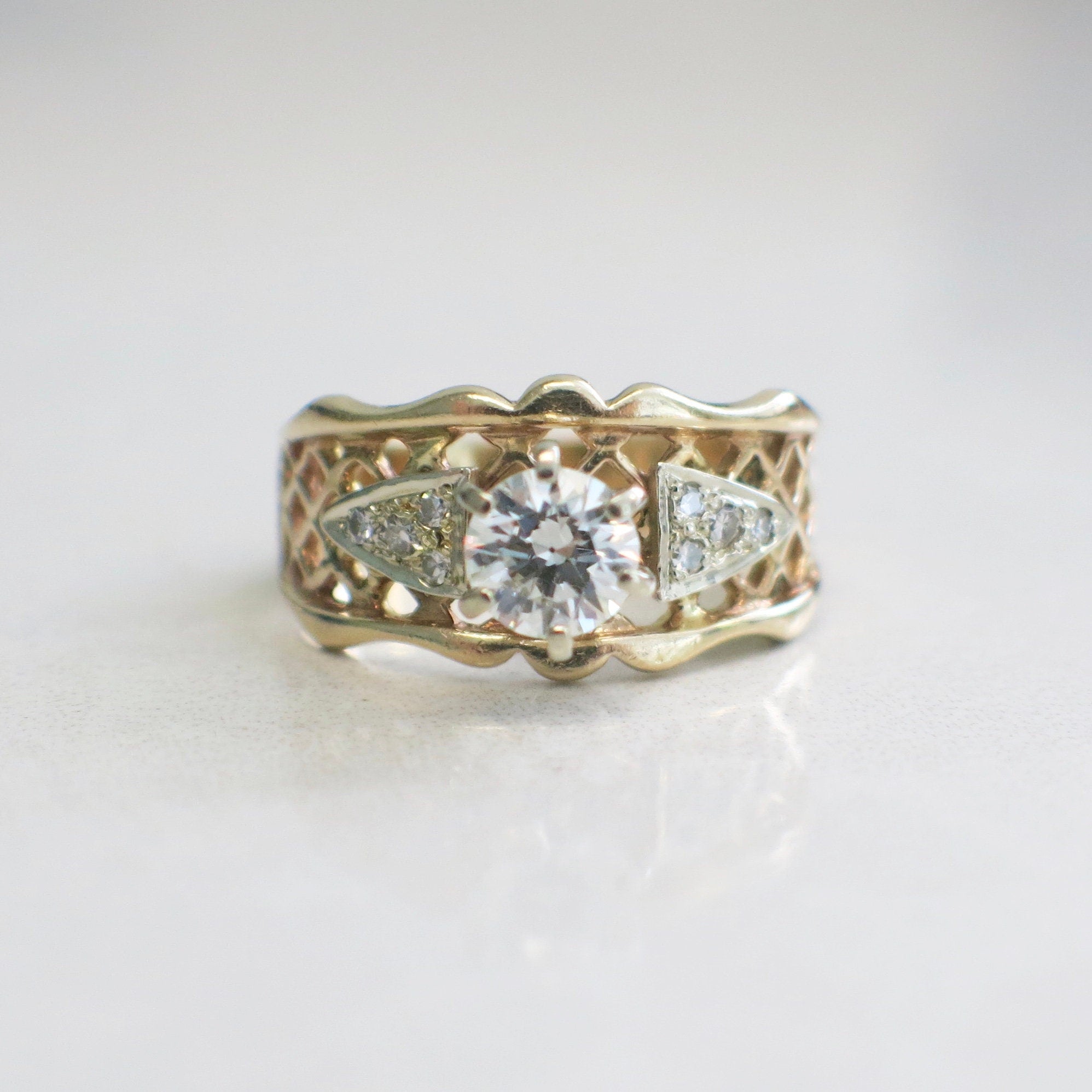 Vintage 14K Yellow Gold Diamond Engagement Ring – Lattice Wide Band, .70 CTW, Size 6.5 - Black Market LLC