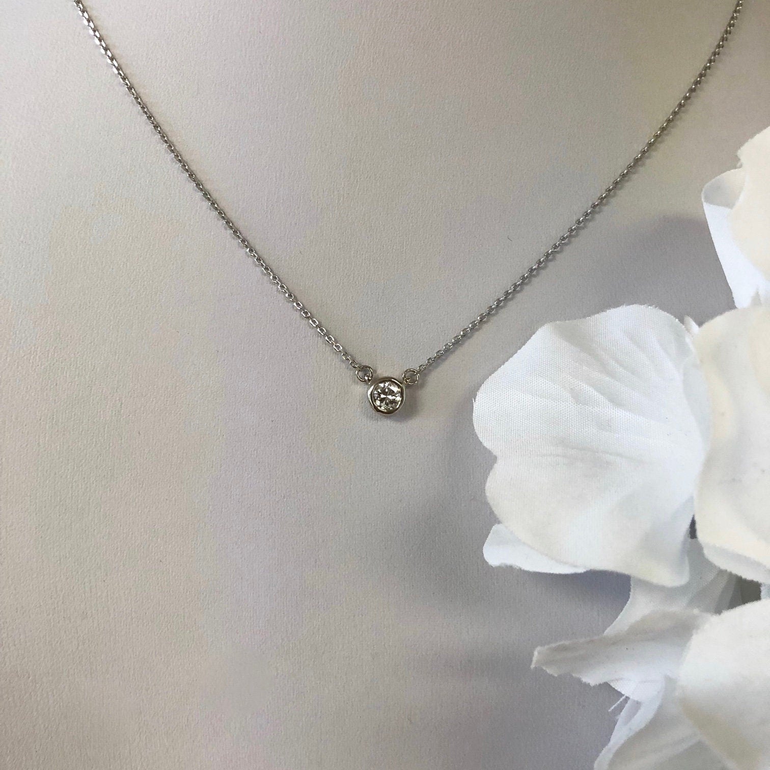 14K Gold Diamond Bezel Necklace | Custom Solitaire Pendant 16 or 18 Inch - Black Market LLC