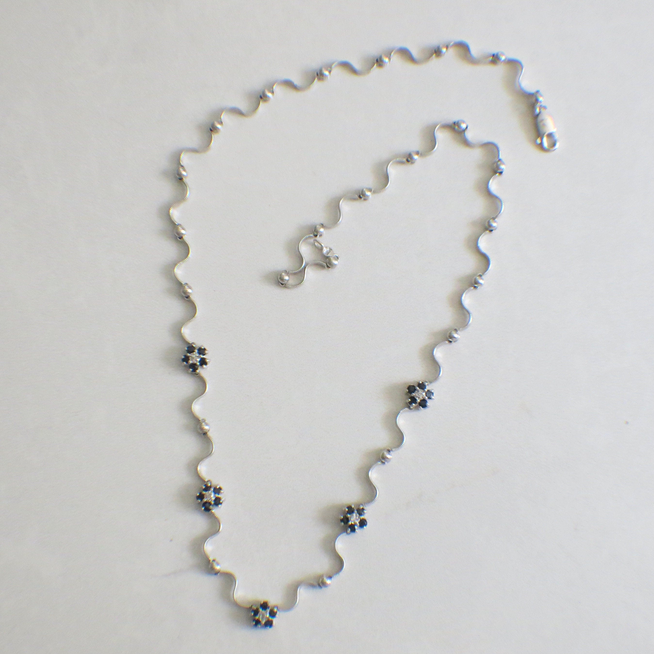 14K White Gold Sapphire & Diamond Station Necklace – Floral Beaded Design, 16" - Black Market LLC