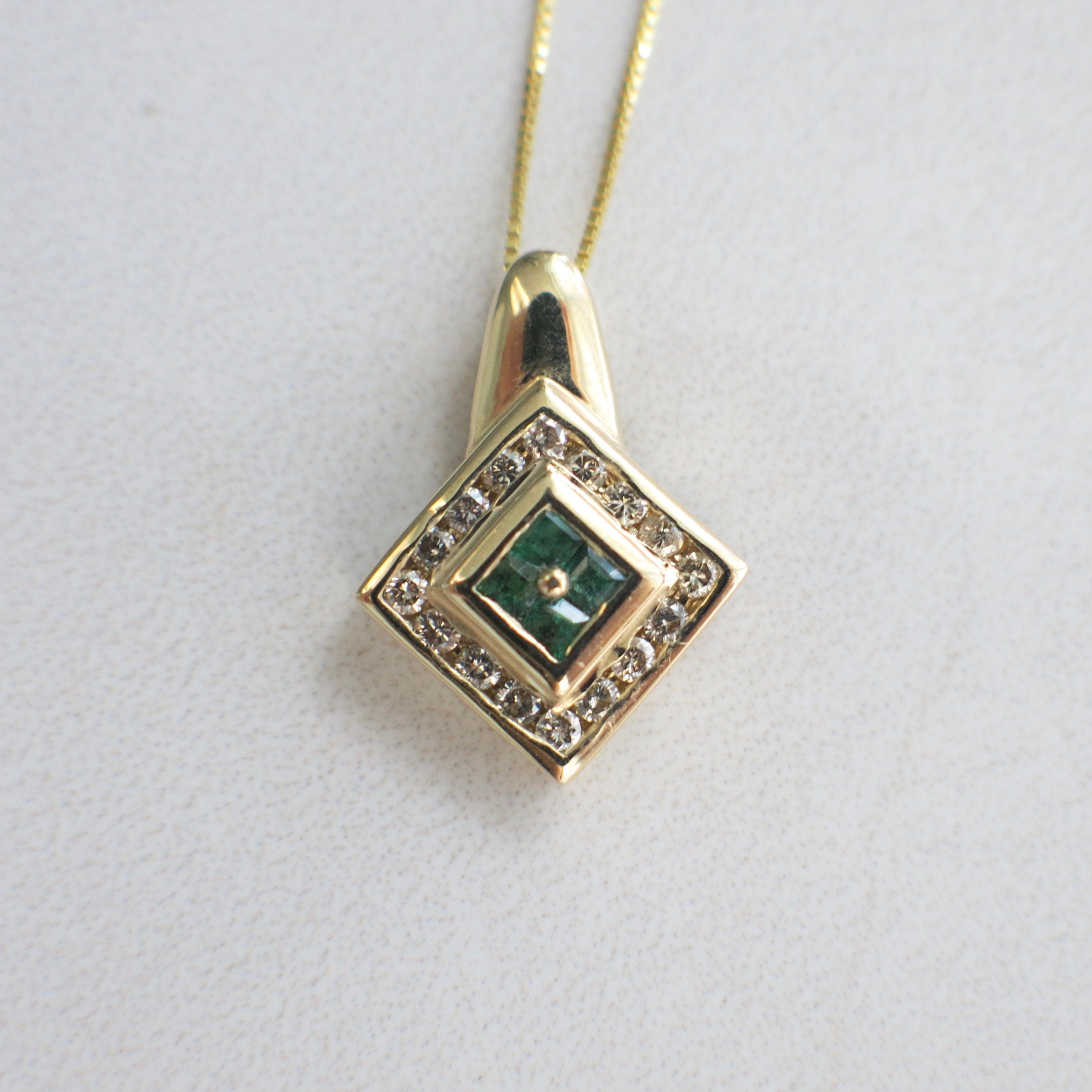 Emerald and Diamond Pendant Necklace – 14K Yellow Gold Square with 18" Box Chain - Black Market LLC