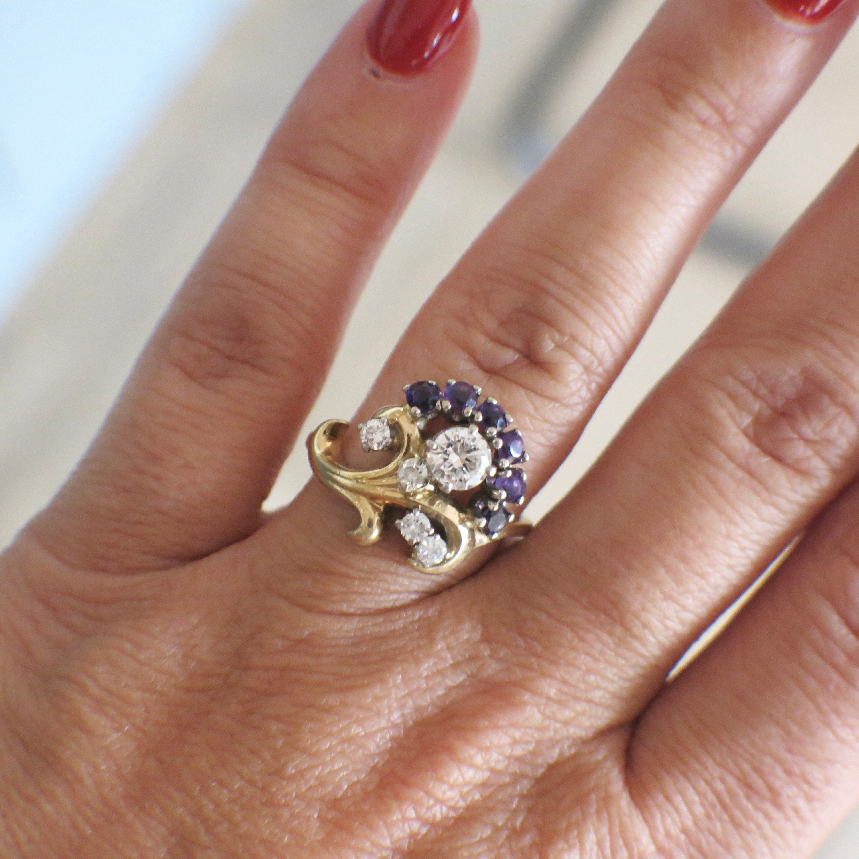 14K Yellow Gold Diamond and Amethyst Cluster Ring – Vintage Scroll Design, Size 8 - Black Market LLC