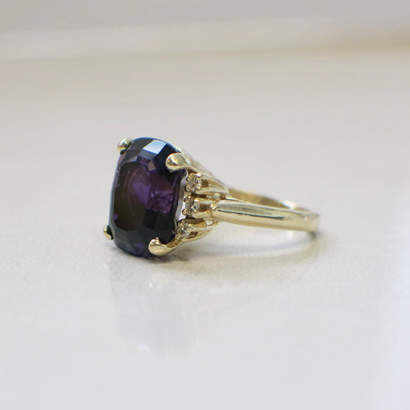 14K Yellow Gold Large Cushion Cut Purple Amethyst and Diamond Cocktail Ring
