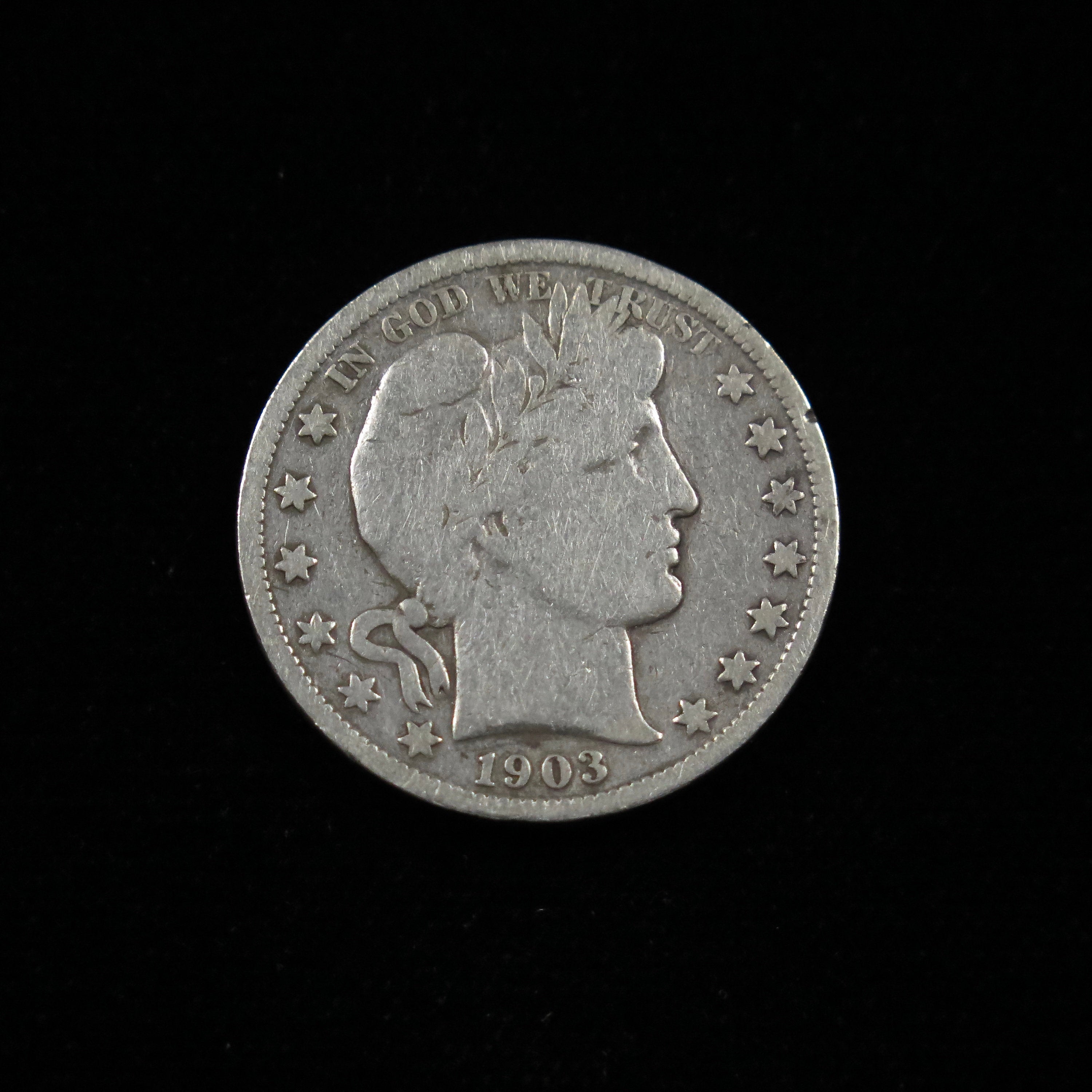 1903-S Barber Half Dollar, VG condition, U.S. silver coin from San Francisco Mint, raw and scarce collectible half dollar coin.