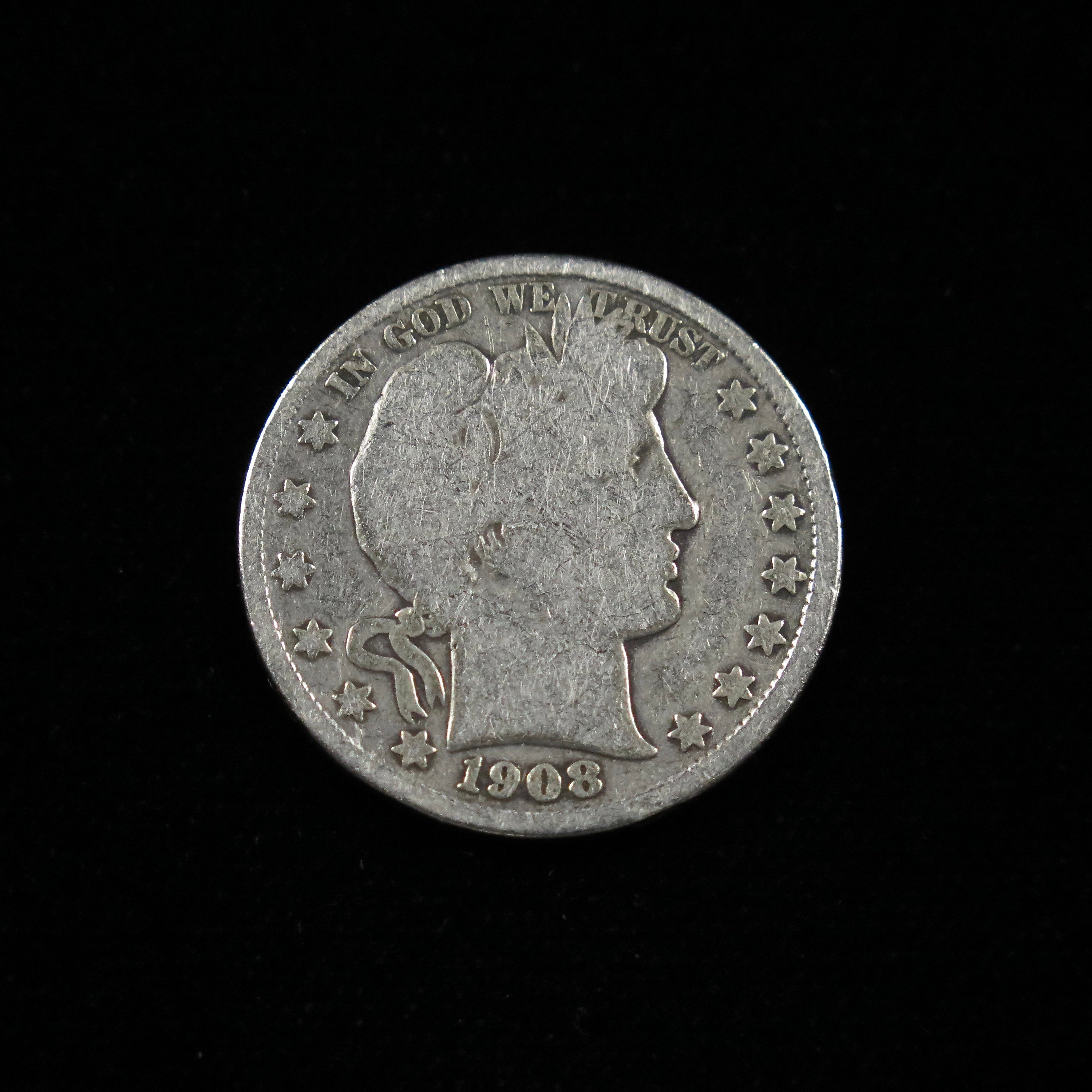 1908-D Barber Half Dollar coin showing VG condition, U.S. silver coin from Denver Mint, raw with visible detail and silver finish.