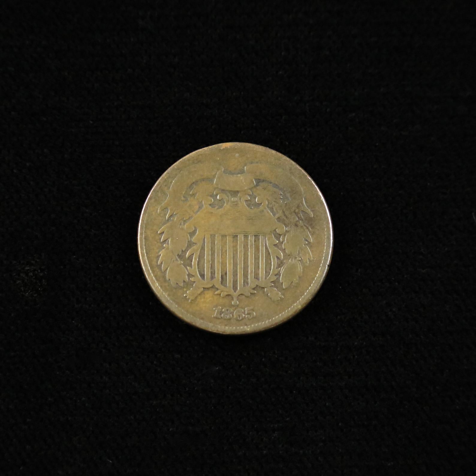 1865 Civil War era Two Cent coin, Fancy 5 variety, Fine condition, raw U.S. Civil War era coin from Black Market LLC.