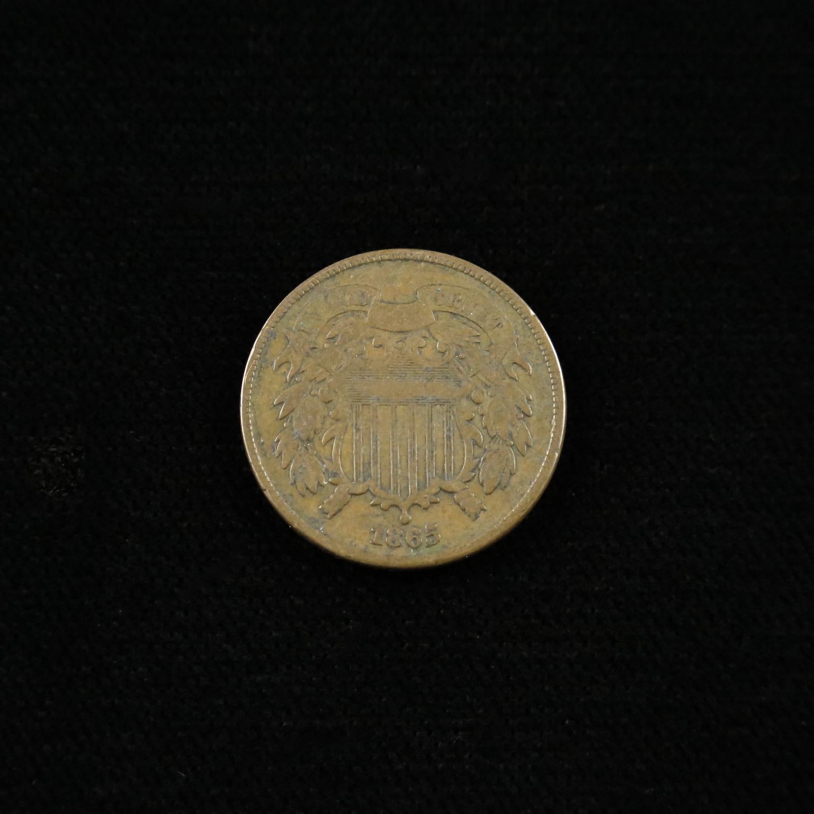 1865 Two Cent Piece by Black Market LLC, Civil War era copper coin, raw with fancy detail, historic U.S. variety coin.