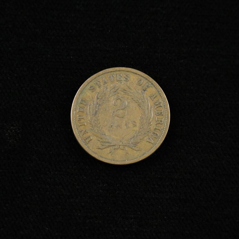 1865 two-cent coin by Black Market LLC, historic Civil War era copper coin with fancy 5 design, raw condition.