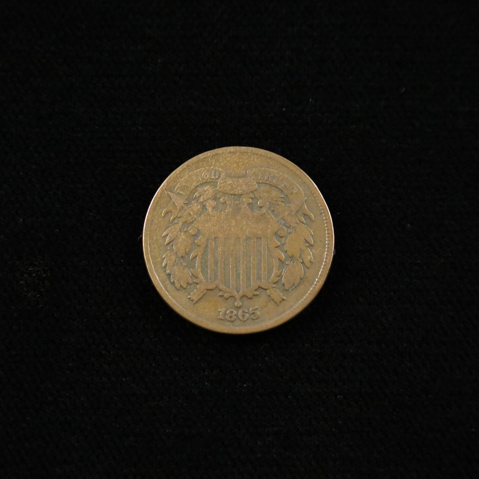 1865 Two Cent Piece by Black Market LLC, historic U.S. copper coin in raw condition, Civil War era type with plain 5 design.