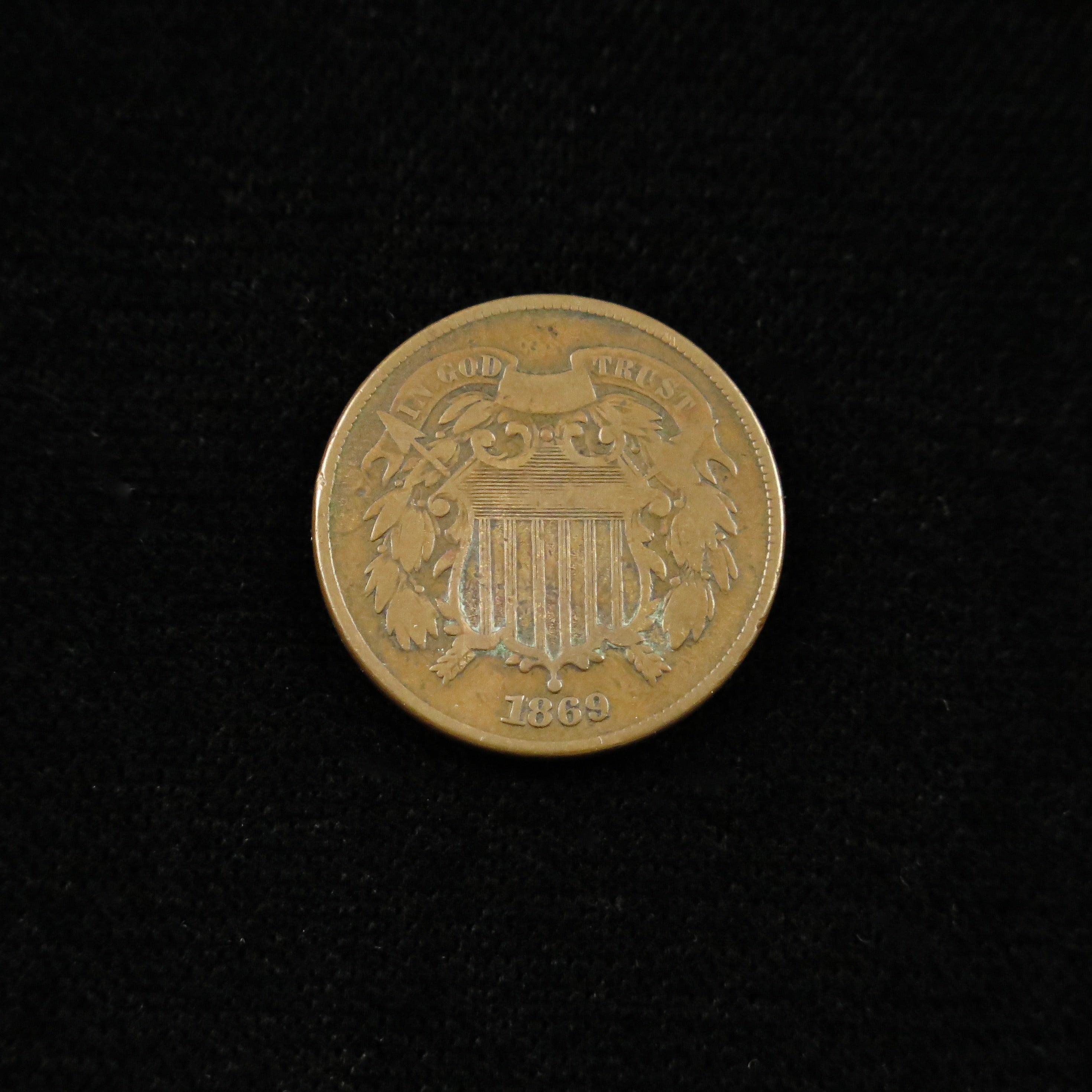 1869 Two Cent Piece by Black Market LLC, raw historic U.S. copper coin, scarce late-date type, detailed coin image