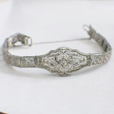 Diamond Filigree Art Deco 14K White Gold Bracelet