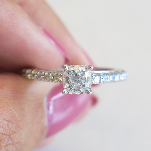 GIA Certified Cushion Cut and Diamond Accented Platinum Engagement Ring