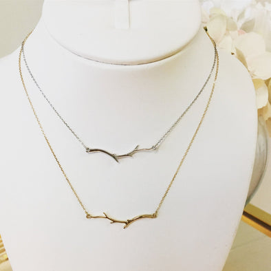 14K White or Yellow Gold Branch Leaf Twig Nature Layering Bar Necklace