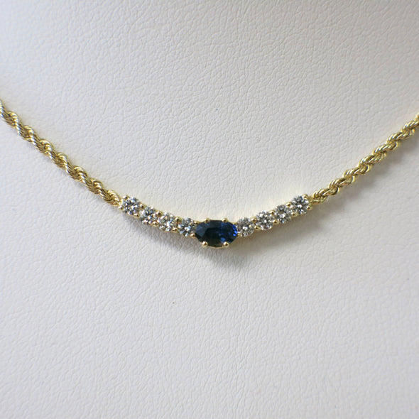 Oval Blue Sapphire and Round Brilliant Diamond 14K Yellow Gold Rope Chain Necklace