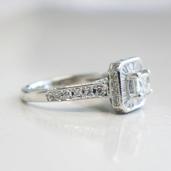 Princess Cut Diamond Engagement Ring with a Baguette Halo and Diamond Accented Band