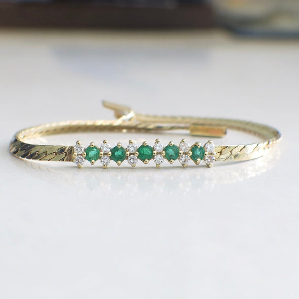 RESERVED*****Diamond and Green Emerald Flat Herringbone 14K Yellow Gold Bracelet