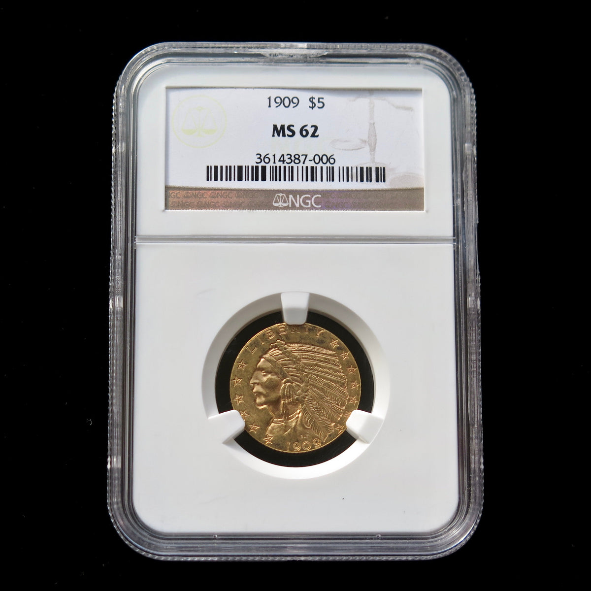 1909 Indian Head 5 Dollar Gold Coin NGC MS62