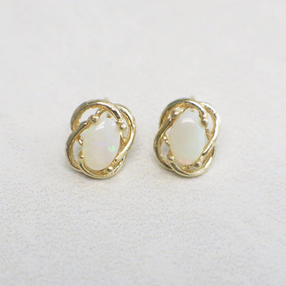 14K Yellow Gold White Opal Stud Earrings | Vintage Oval Cabochon Twist Design