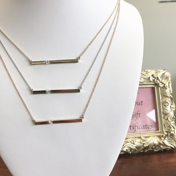 14K Gold Diamond Bar Necklace, Minimalist Layering Necklace, Custom Gold Bar Pendant