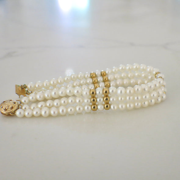Three-Strand Pearl Bracelet | 14K Yellow Gold Beads & Filigree Clasp | 7 Inch