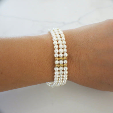 Three-Strand Pearl Bracelet | 14K Yellow Gold Beads & Filigree Clasp | 7 Inch