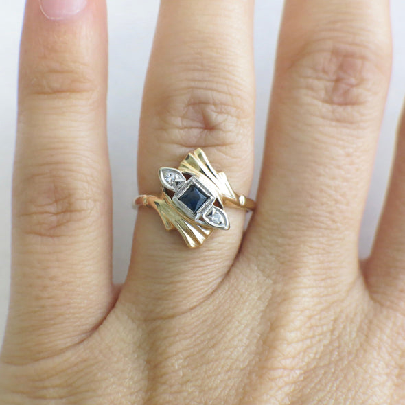 Vintage Sapphire & Diamond Ring | 14K Two-Tone Gold Princess Cut Milgrain Size 6