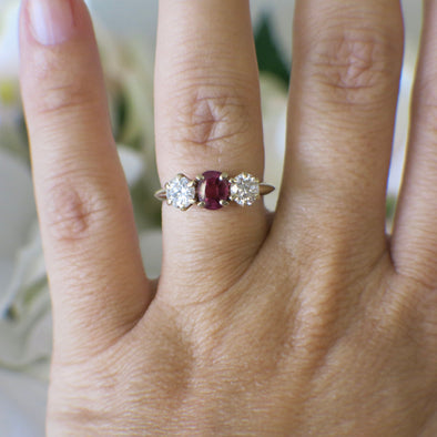 14K Yellow Gold Ruby and Diamond Three-Stone Ring | Vintage Alternative Engagement 1.00ctw Size 5.75