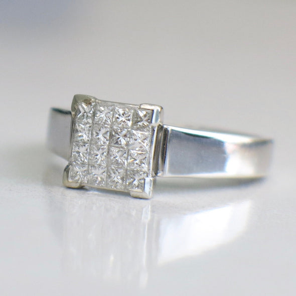 14K White Gold Princess Cut Diamond Cluster Ring Invisible Setting .50 CTW