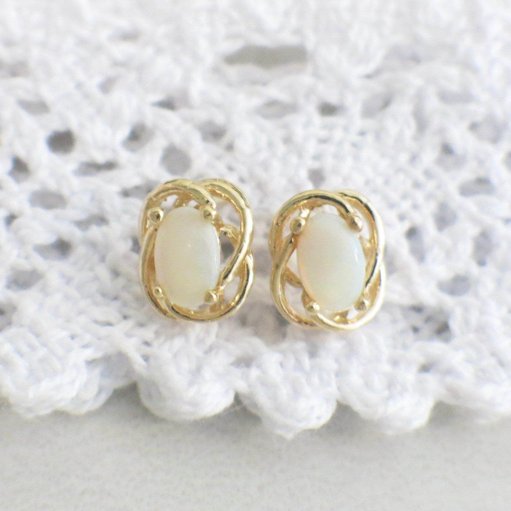 14K Yellow Gold White Opal Stud Earrings | Vintage Oval Cabochon Twist Design - Black Market LLC