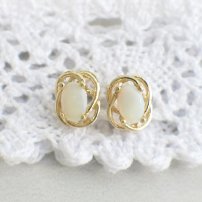 14K Yellow Gold White Opal Stud Earrings | Vintage Oval Cabochon Twist Design