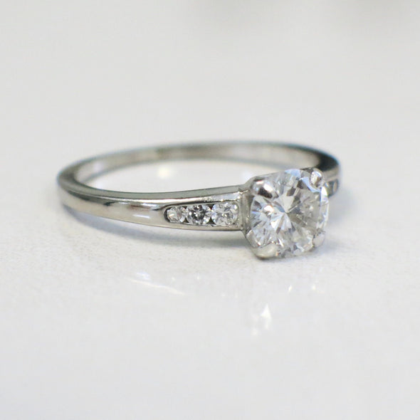 18K White Gold Diamond Engagement Ring | .85ct Center with Channel-Set Accents, Vintage Style Size 8
