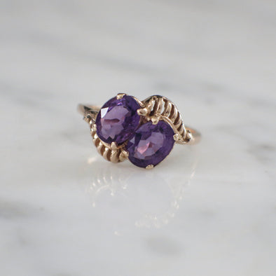 14K Yellow Gold Double Oval Amethyst Ring | Vintage Style Statement Ring Size 7.5