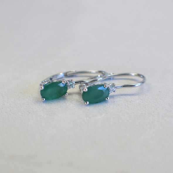 14K White Gold Emerald Earrings – Oval Emerald and Diamond Drop